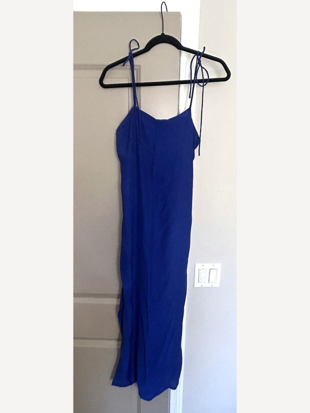 Cobalt Blue Midi Slip Dress w/ Tie Straps and Side Slit